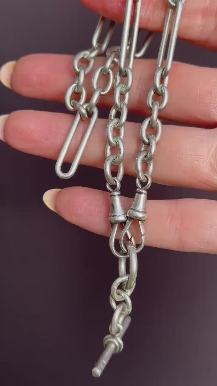 Antique Sterling Silver Trombone Watch Chain with Dog Clips and T Bar | 14"