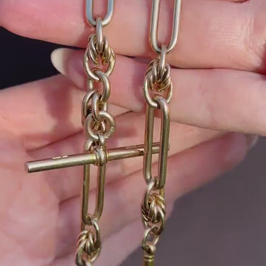 Antique 15ct Gold Love Knot and Trombone Watch Chain with Dog Clip | 11.5"