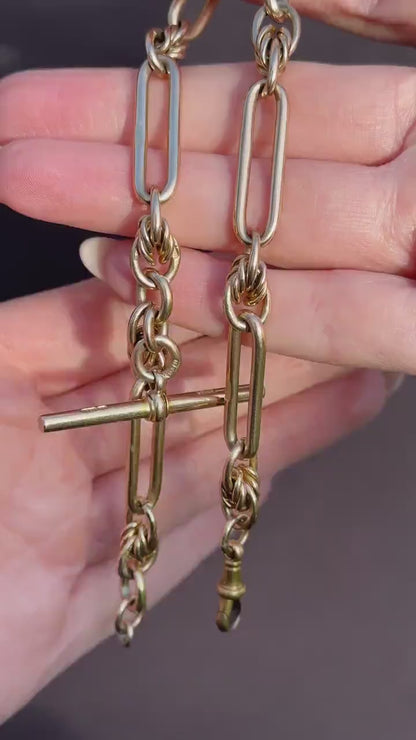 Antique 15ct Gold Love Knot and Trombone Watch Chain with Dog Clip | 11.5"