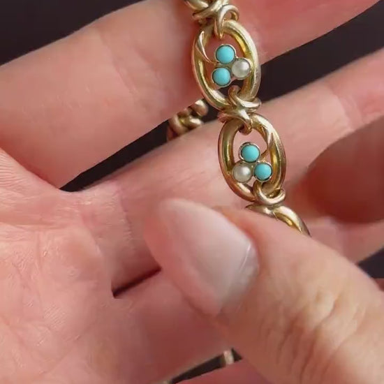 Antique Rolled Gold Turquoise and Pearl Bracelet and Brooch Jewellery Set