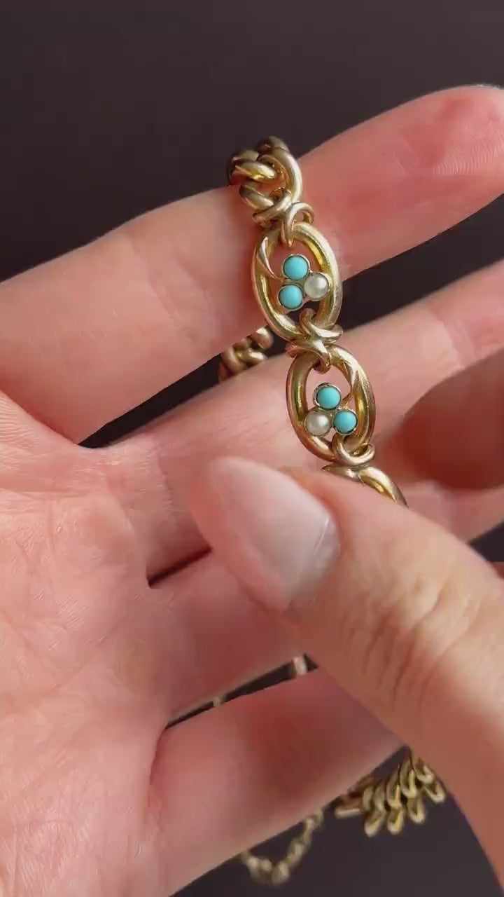 Antique Rolled Gold Turquoise and Pearl Bracelet and Brooch Jewellery Set