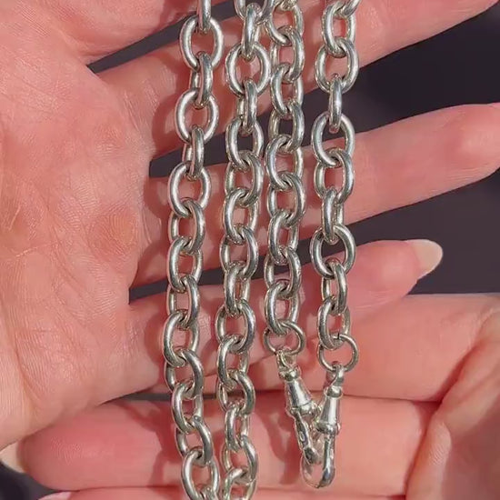 Vintage Sterling Silver Cable Link Watch Chain Necklace with T-Bar and Dog Clips – 19"