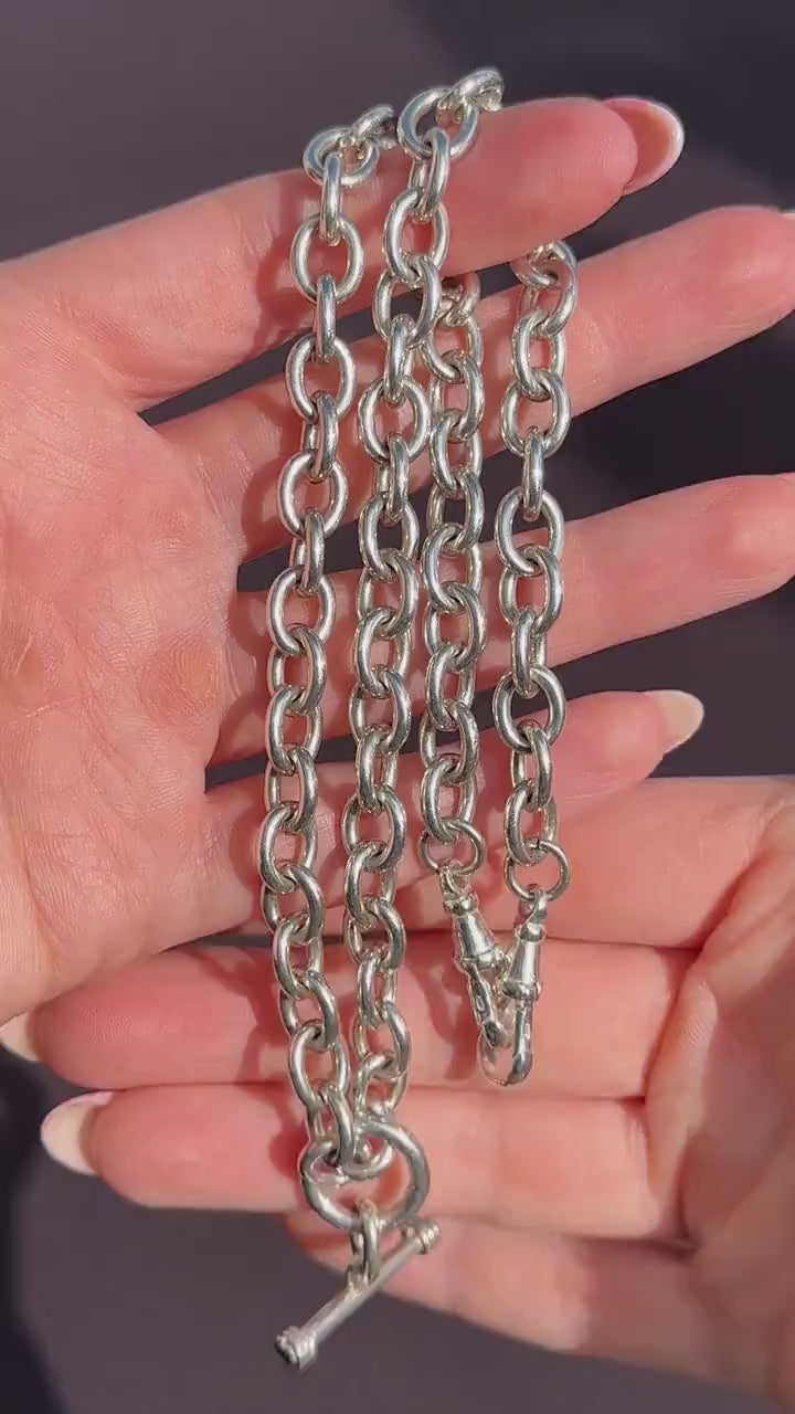 Vintage Sterling Silver Cable Link Watch Chain Necklace with T-Bar and Dog Clips – 19"