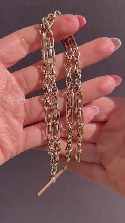 Vintage 18" 9ct Rose Gold Fancy Link Double Albert Watch Chain Necklace