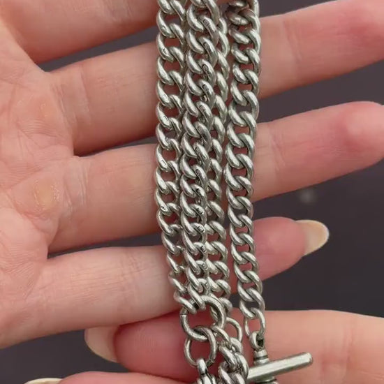 Art Deco Sterling Silver Curb Link Double Albert Watch Chain Necklace – 15"