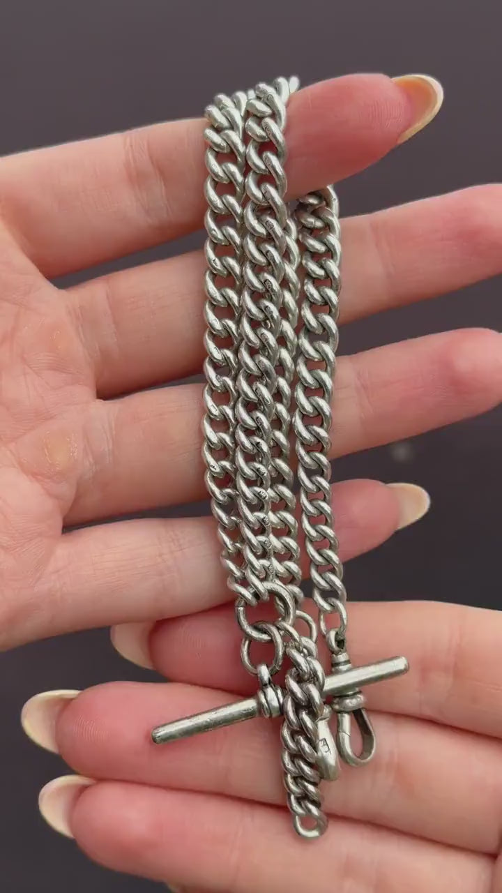 Art Deco Sterling Silver Curb Link Double Albert Watch Chain Necklace – 15"
