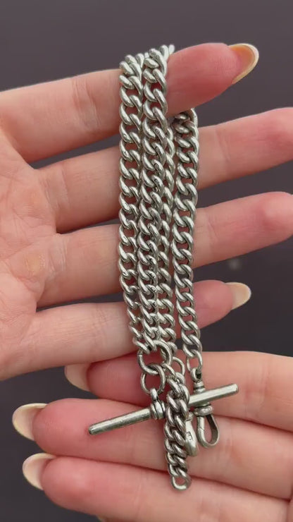 Art Deco Sterling Silver Curb Link Double Albert Watch Chain Necklace – 15"