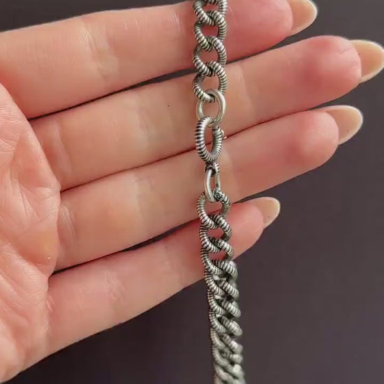 Antique Niello Silver Curb Link Bracelet with Spring Ring - 8.5"