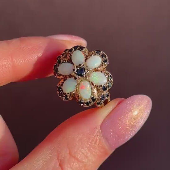 Vintage Opal and Blue Sapphire Flower 9ct Yellow Gold Ring | Dated 1972