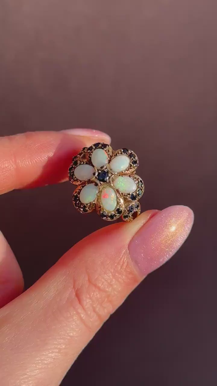 Vintage Opal and Blue Sapphire Flower 9ct Yellow Gold Ring | Dated 1972