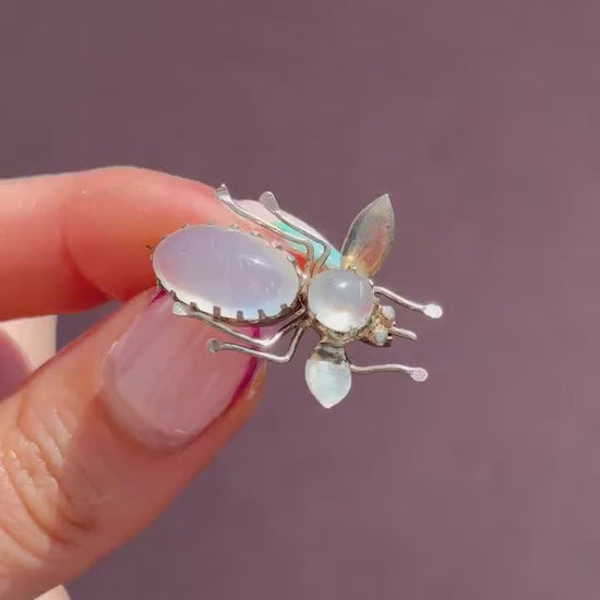 Antique Moonstone Silver Bug Insect Brooch Pin | Victorian