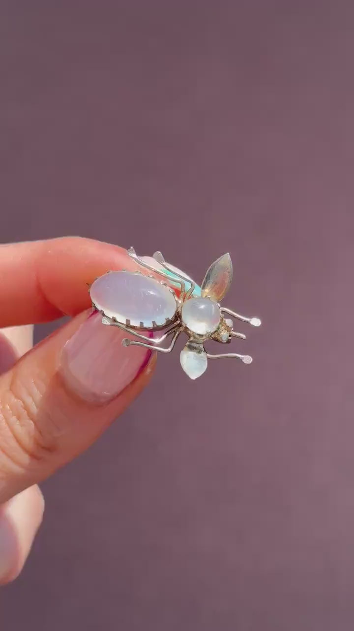 Antique Moonstone Silver Bug Insect Brooch Pin | Victorian