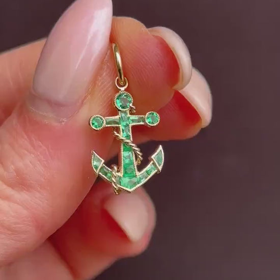 0.35ct Emerald Anchor Rope Nautical 18ct Yellow Gold Charm Pendant