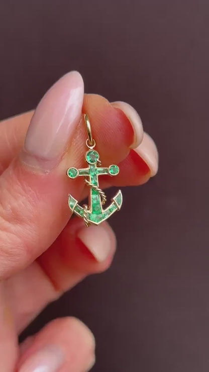 0.35ct Emerald Anchor Rope Nautical 18ct Yellow Gold Charm Pendant