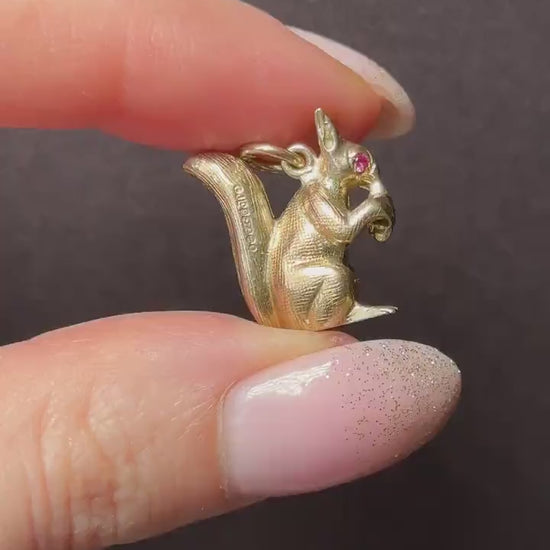 Vintage Solid Gold Squirrel Animal Charm Pendant with Ruby Eyes