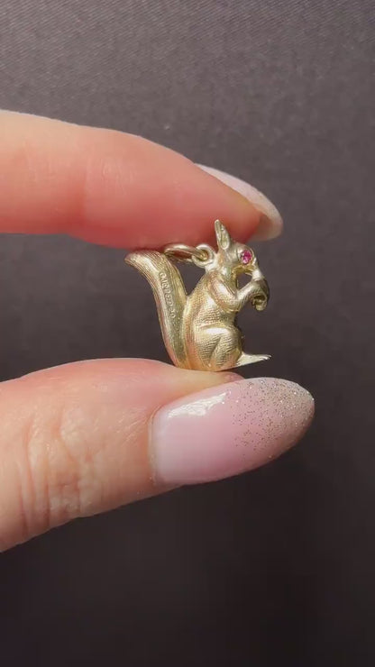Vintage Solid Gold Squirrel Animal Charm Pendant with Ruby Eyes