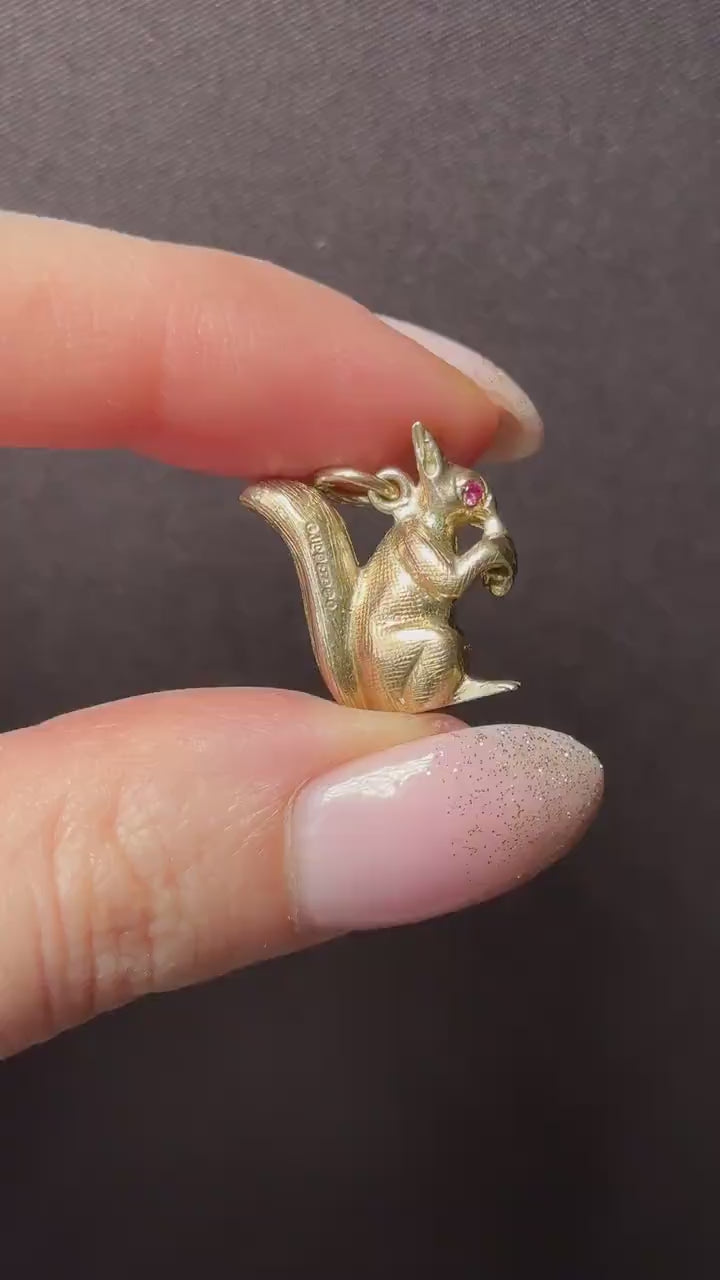 Vintage Solid Gold Squirrel Animal Charm Pendant with Ruby Eyes