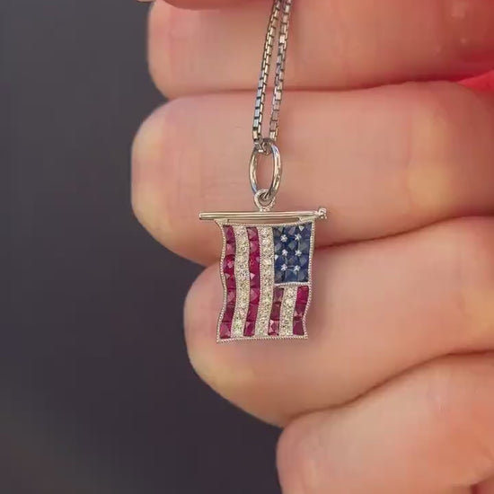 Diamond Ruby Sapphire American USA Flag Platinum Charm Pendant