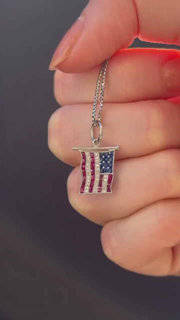 Diamond Ruby Sapphire American USA Flag Platinum Charm Pendant