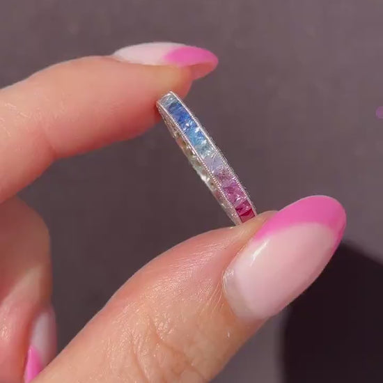 French Cut Multi Colour Sapphire Rainbow Full Eternity Platinum Band Ring