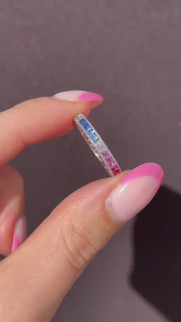 French Cut Multi Colour Sapphire Rainbow Full Eternity Platinum Band Ring