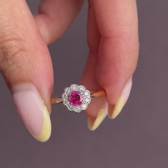Antique Edwardian Ruby and Diamond Halo Cluster 18ct Gold Ring