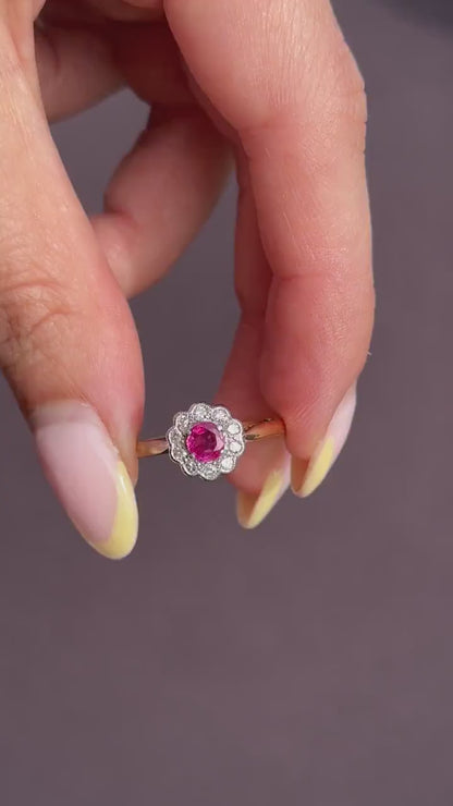 Antique Edwardian Ruby and Diamond Halo Cluster 18ct Gold Ring