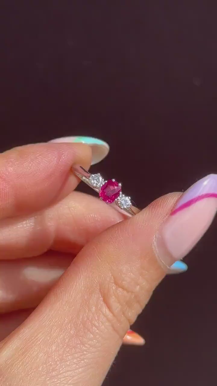 Antique Ruby and Diamond 18ct White Gold Three Stone Trilogy Ring