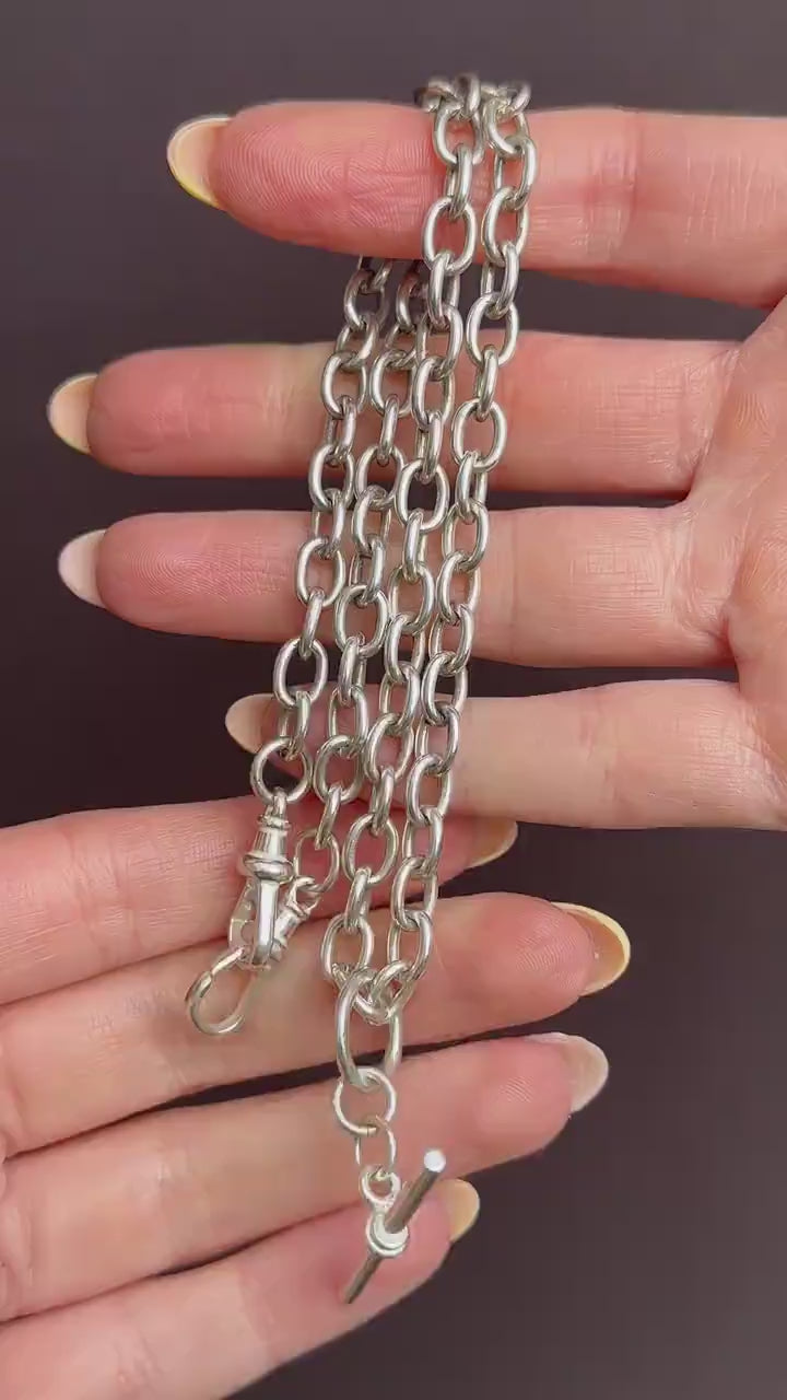 Vintage Silver Oval Cable Link Chain Necklace with Sliding T-bar