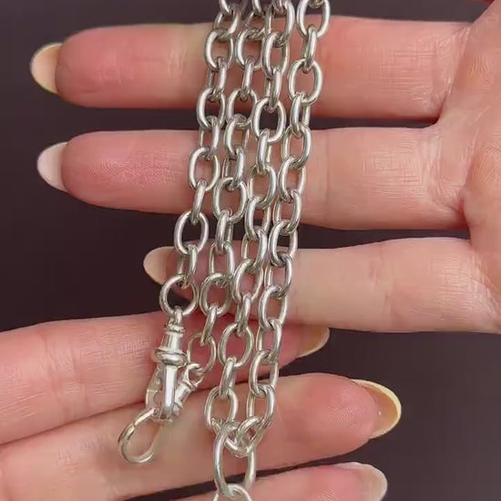 Vintage Silver Oval Cable Link Chain Necklace with Sliding T-bar and Dog Clips | 17" Length