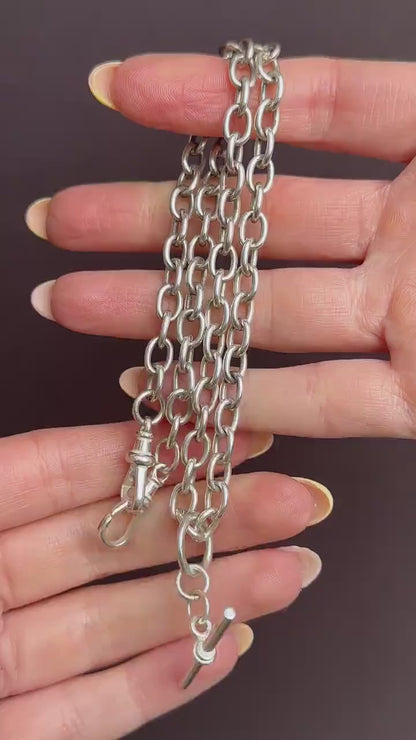 Vintage Silver Oval Cable Link Chain Necklace with Sliding T-bar and Dog Clips | 17" Length