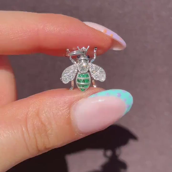 French Cut Emerald and Diamond Platinum Insect Bee Pendant