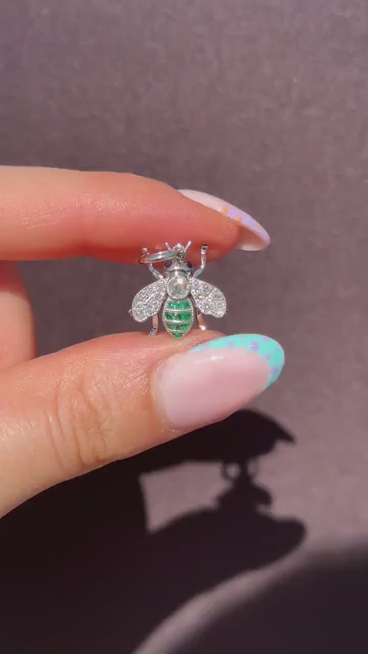 French Cut Emerald and Diamond Platinum Insect Bee Pendant