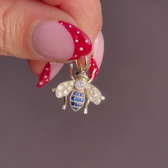 Blue Sapphire and Diamond 18ct Gold Insect Bee Pendant | 0.27ct Diamond
