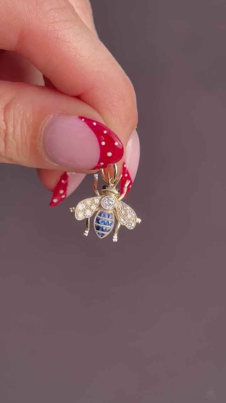 Blue Sapphire and Diamond 18ct Gold Insect Bee Pendant | 0.27ct Diamond