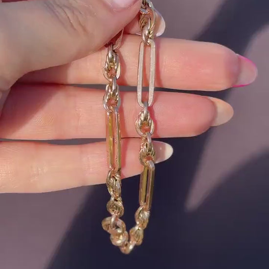 Antique Chester '1912' 9ct Gold Trombone and Love Knot Bracelet with Dog Clip | 7.75"