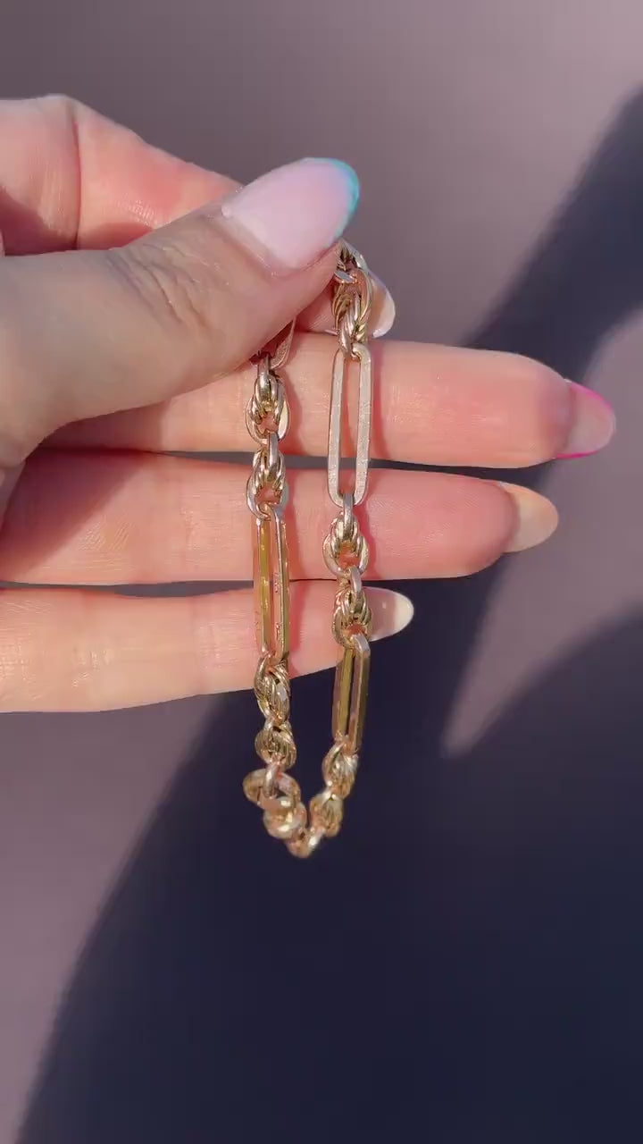 Antique Chester '1912' 9ct Gold Trombone and Love Knot Bracelet with Dog Clip | 7.75"