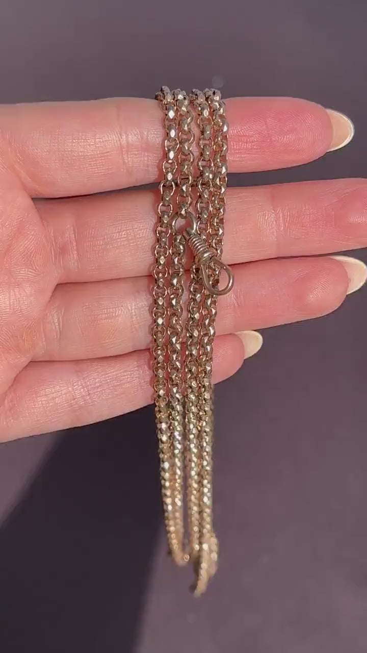 Antique Gold Filled Faceted Belcher Link Muff Guard Chain Necklace With Dog Clip | 54"