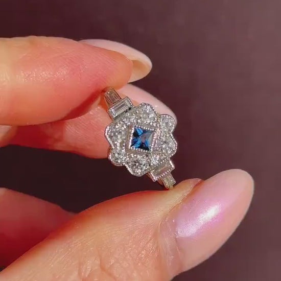 Art Deco Style Blue Sapphire and Diamond Halo Platinum Ring