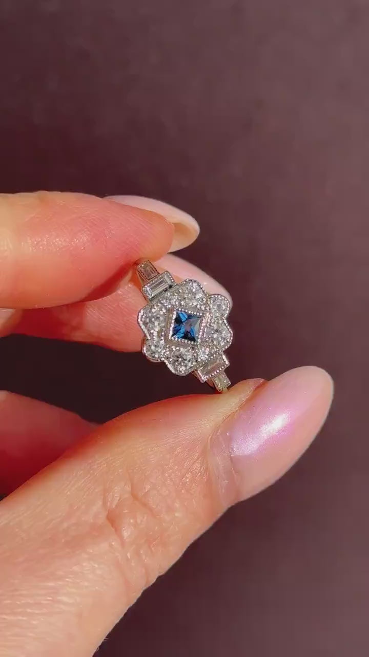 Art Deco Style Blue Sapphire and Diamond Halo Platinum Ring