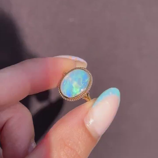 Vintage Colourful Natural Opal Oval Solitaire 9ct Gold Ring