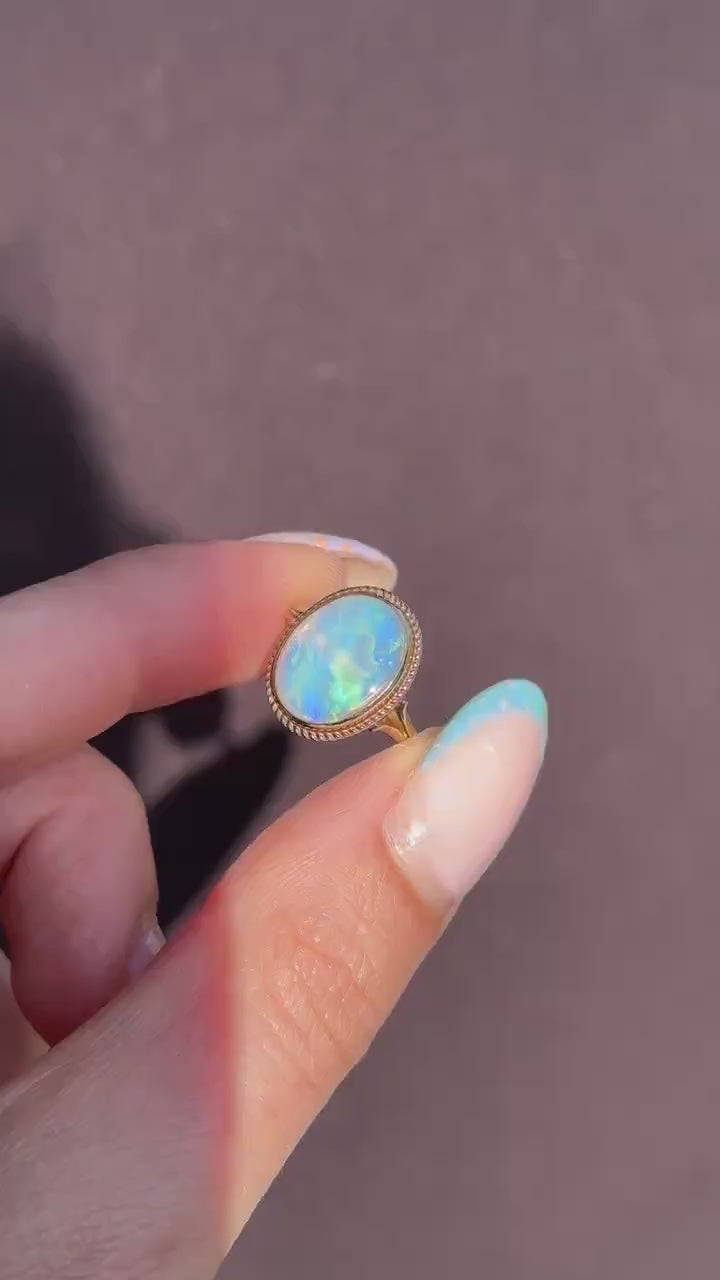 Vintage Colourful Natural Opal Oval Solitaire 9ct Gold Ring