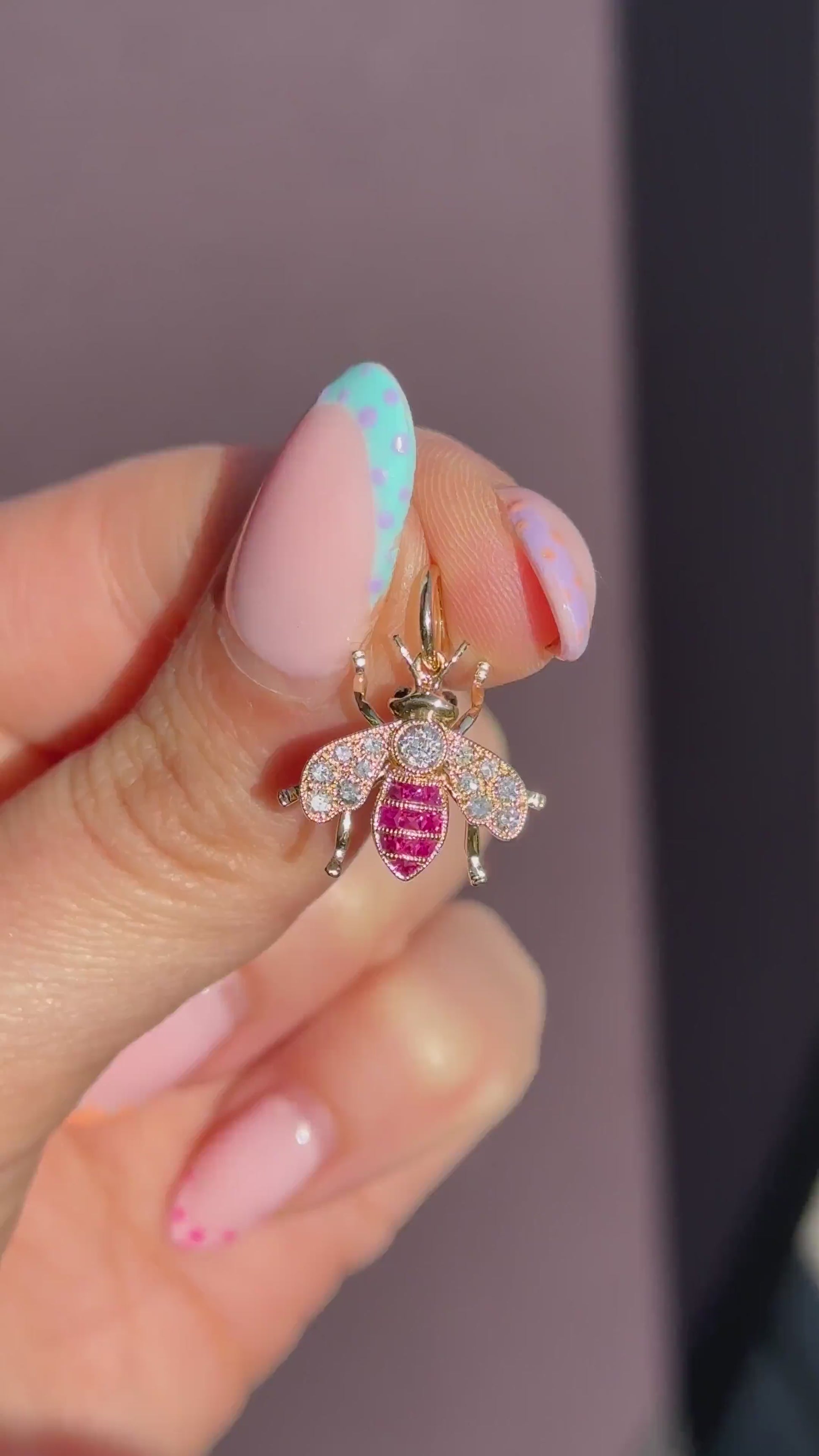French Cut Ruby and Diamond 18ct Gold Insect Bee Pendant
