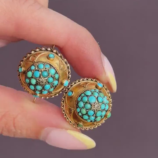 Antique Victorian Etruscan Pavé Turquoise Bombé Cluster 9ct Gold Earrings