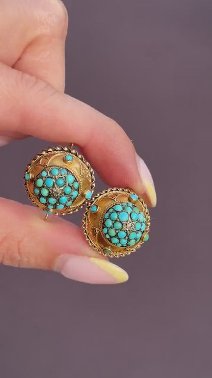 Antique Victorian Etruscan Pavé Turquoise Bombé Cluster 9ct Gold Earrings