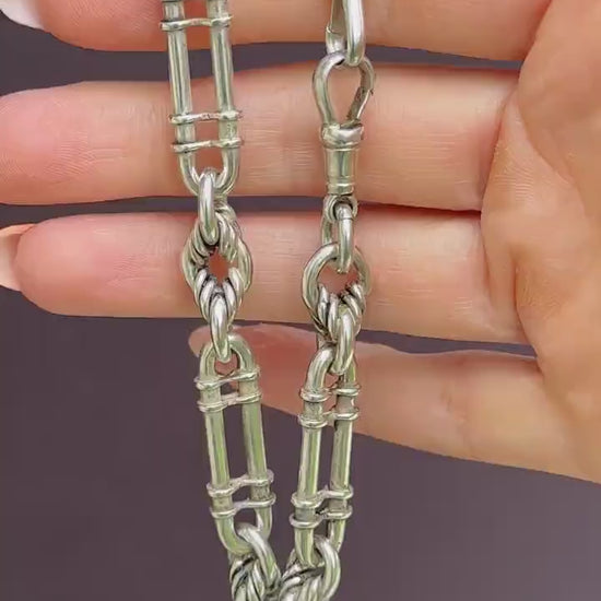 Antique '1908' Sterling Silver Chunky Trombone and Love Knot Albert Chain Necklace | 15"