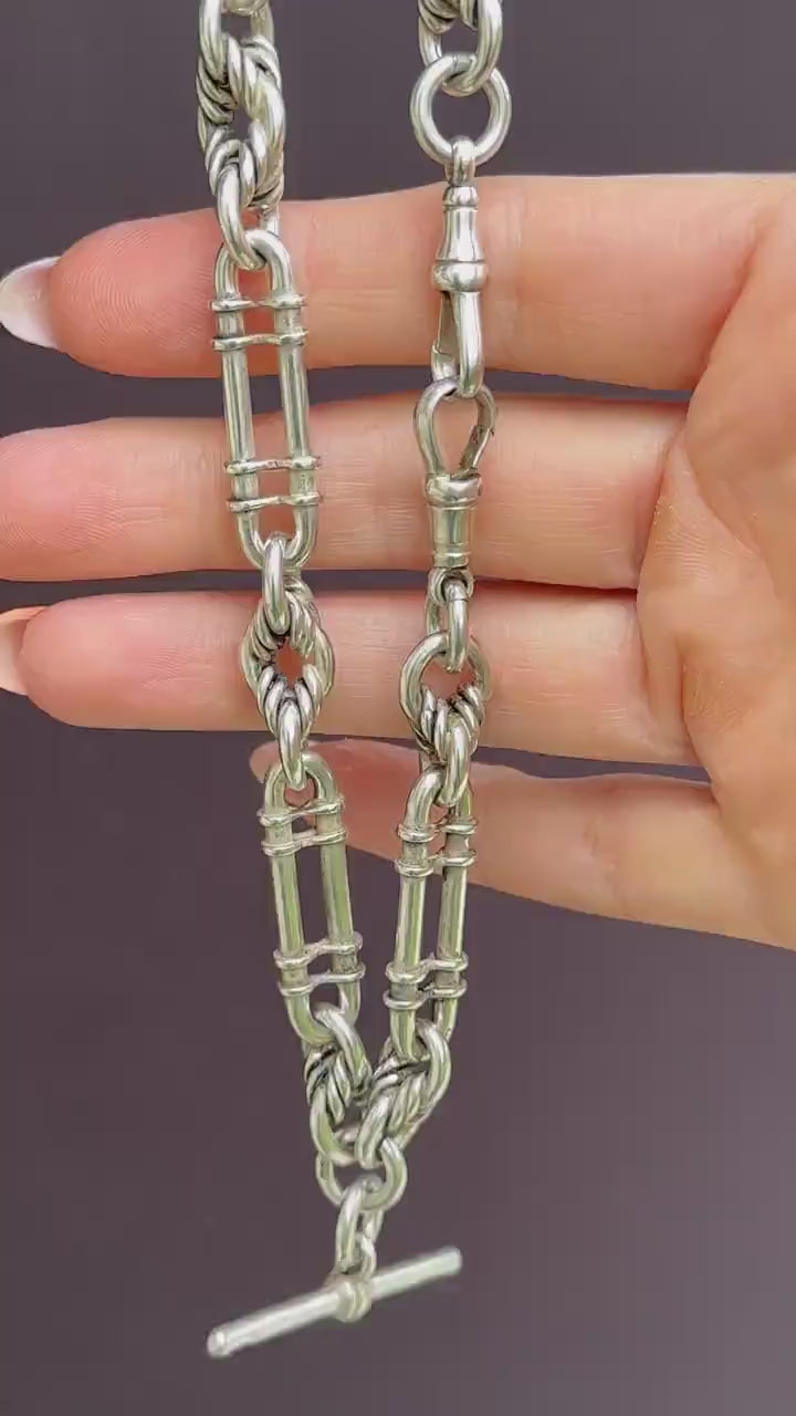 Antique '1908' Sterling Silver Chunky Trombone and Love Knot Albert Chain Necklace | 15"