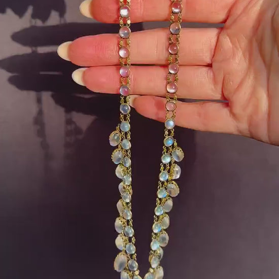 Antique Moonstone 9ct Yellow Gold Drop Fringe Festoon Necklace, 33.07ct