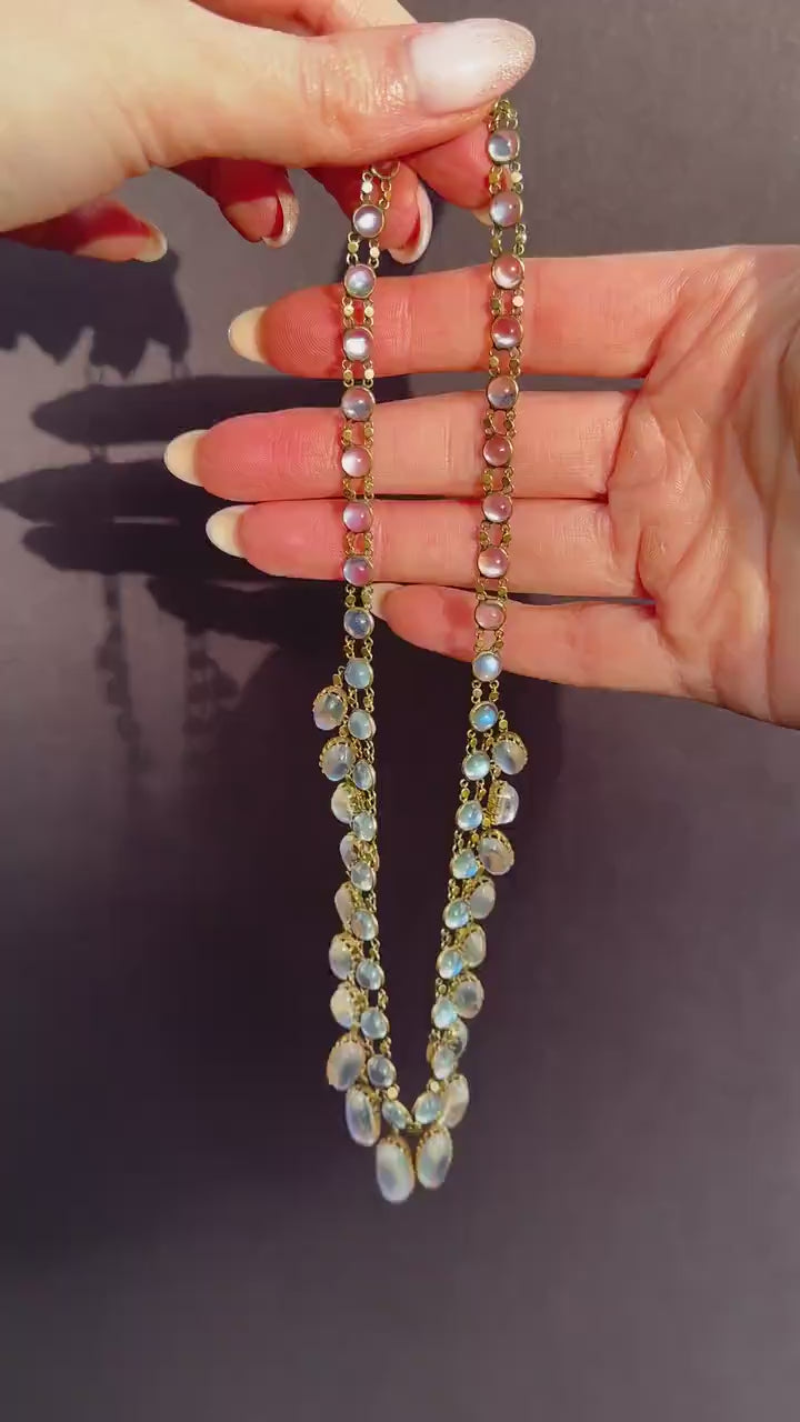Antique Moonstone 9ct Yellow Gold Drop Fringe Festoon Necklace, 33.07ct