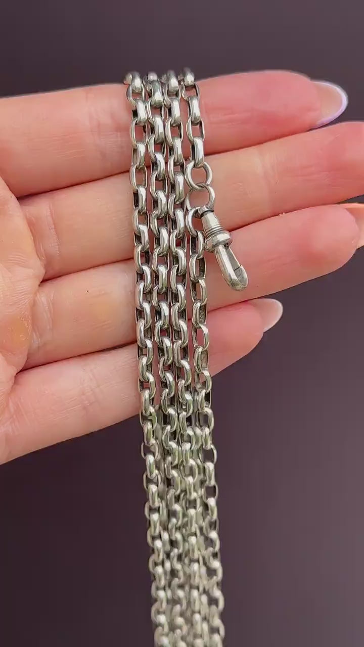 Antique Silver Long Guard Chain Necklace with Dog Clip | 65" Length